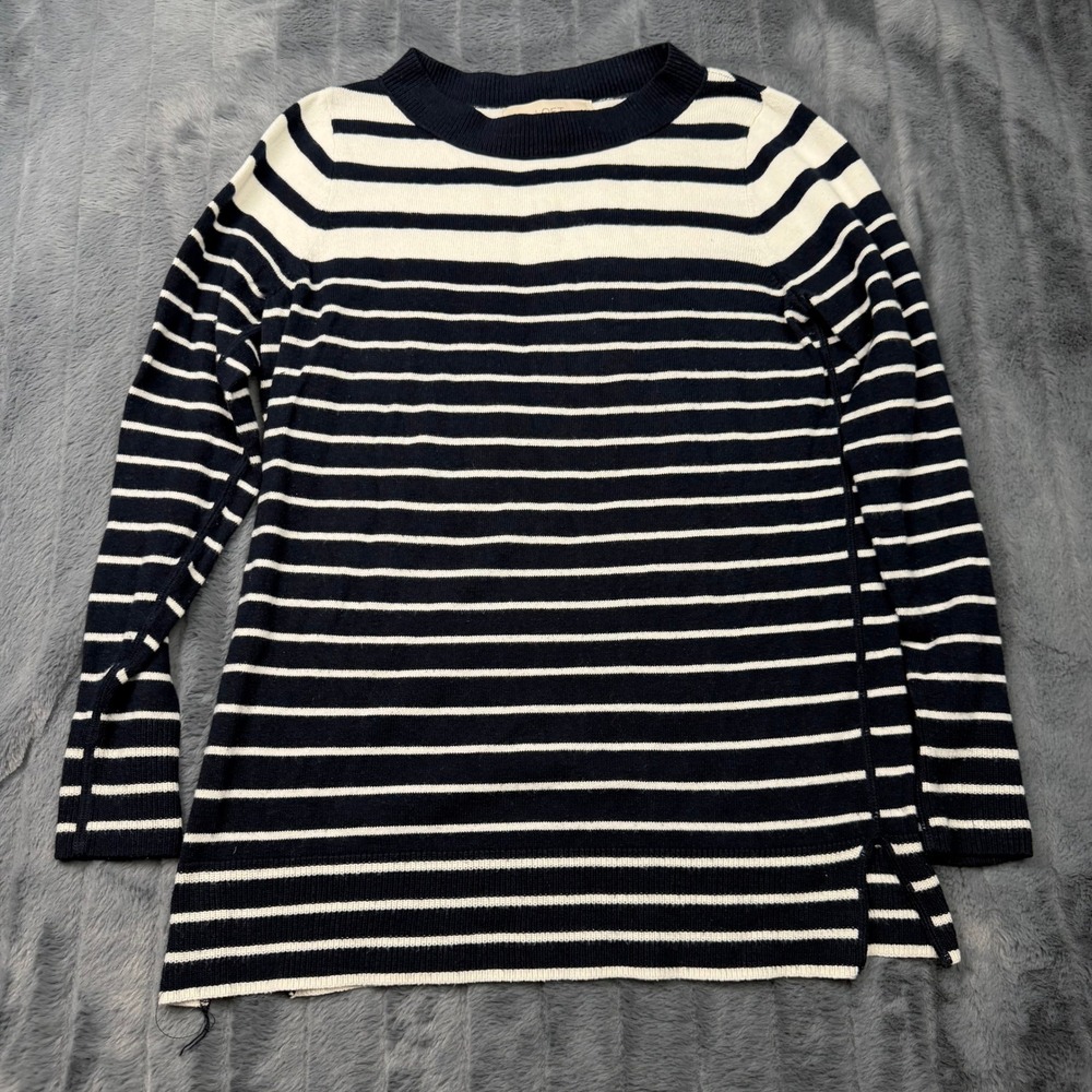 LOFT Womens Small Navy Blue White Striped Long Sleeve Crew Neck Sweater Slit Hem